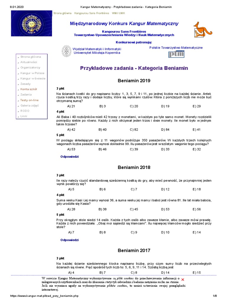 Kangur Matematyczny Kategorie Wiekowe Kangur Matematyczny - Przykładowe zadania - Kategoria Beniamin | PDF