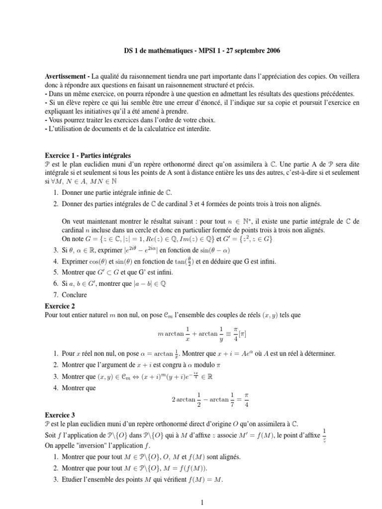 DS 1 Maths MPSI - 27 Septembre 2006 | PDF | Analyse mathématique ...
