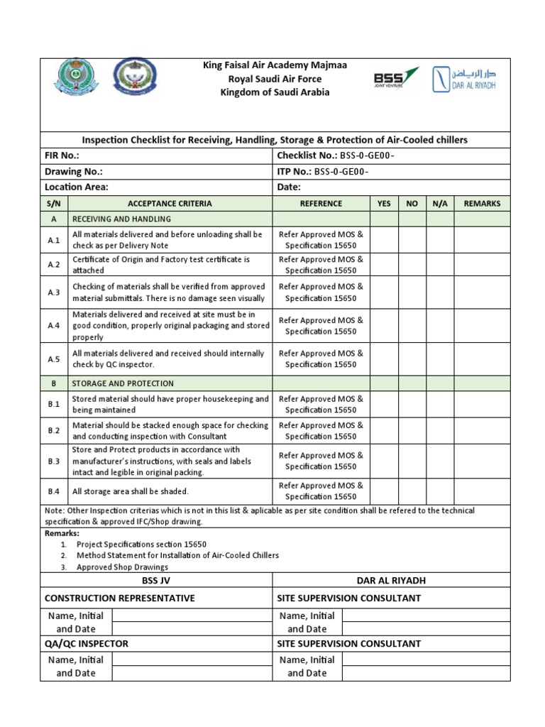 03 Inspection Checklist Receiving, Handling, Storage & Protection of