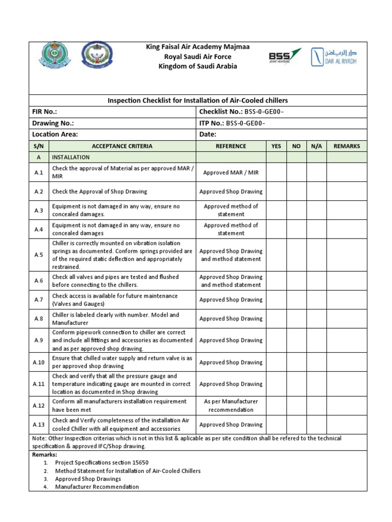 04 Inspection Checklist Installation of AirCooled Chillers PDF