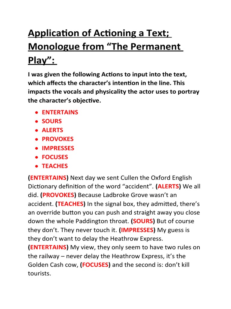 Application of Actioning A Text Monologue From "The Permanent Play" Download Free PDF
