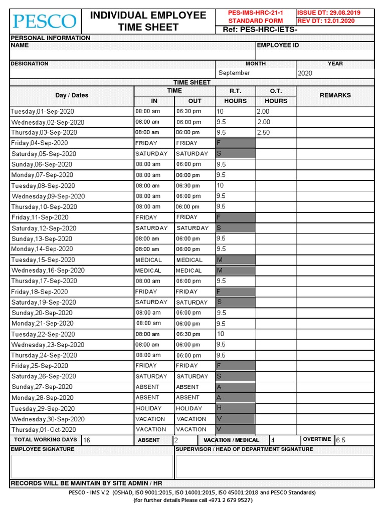 Employee Timesheet Record | PDF