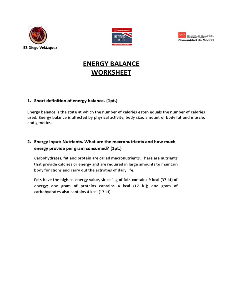Energy Balance Worksheet PDF Calorie Nutrients