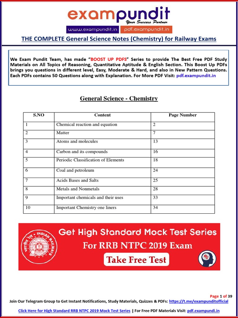 RRB NTPC Chemistry Study Notes | PDF | Periodic Table | Redox