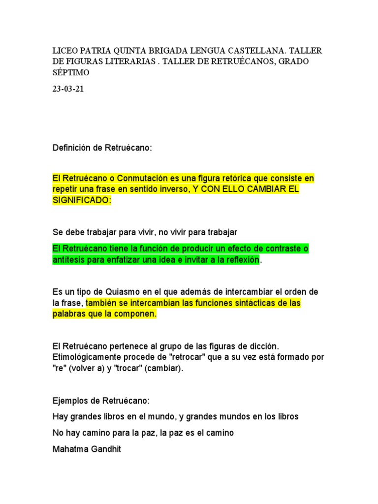 Taller de Retruécanos: Grado Séptimo | PDF