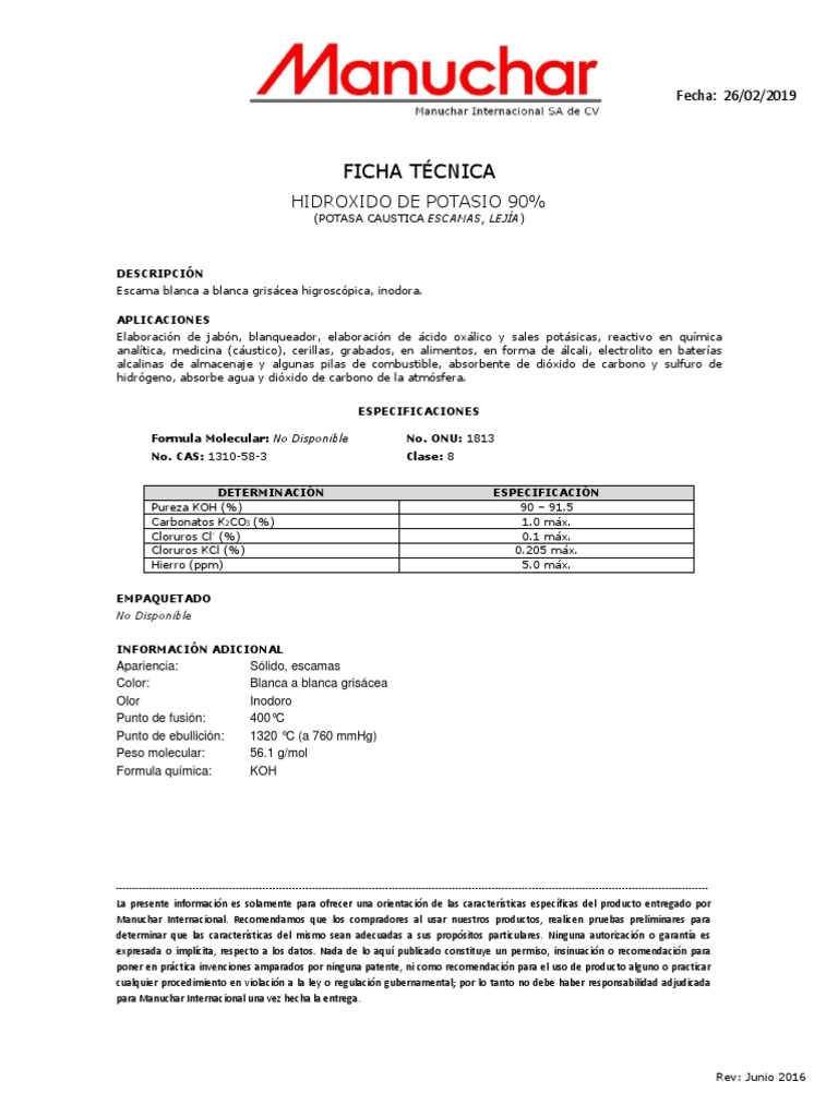 Ficha Tecnica Hidroxido de Potasio Escamas 90 Rot PDF Química Ciencias fisicas