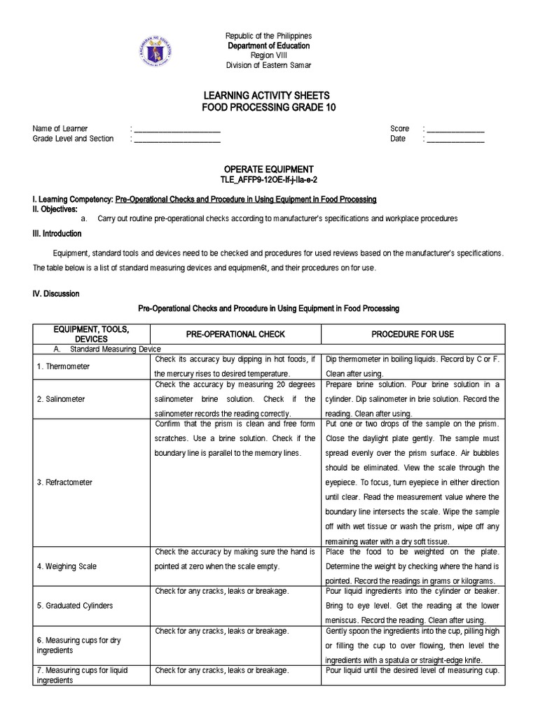 Learning Activity Sheets Food Processing Grade 10 Operate Equipment