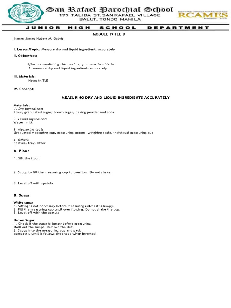 Measuring Dry and Liquid Ingredients Accurately Module in Tle 8 PDF Spoon Shortening