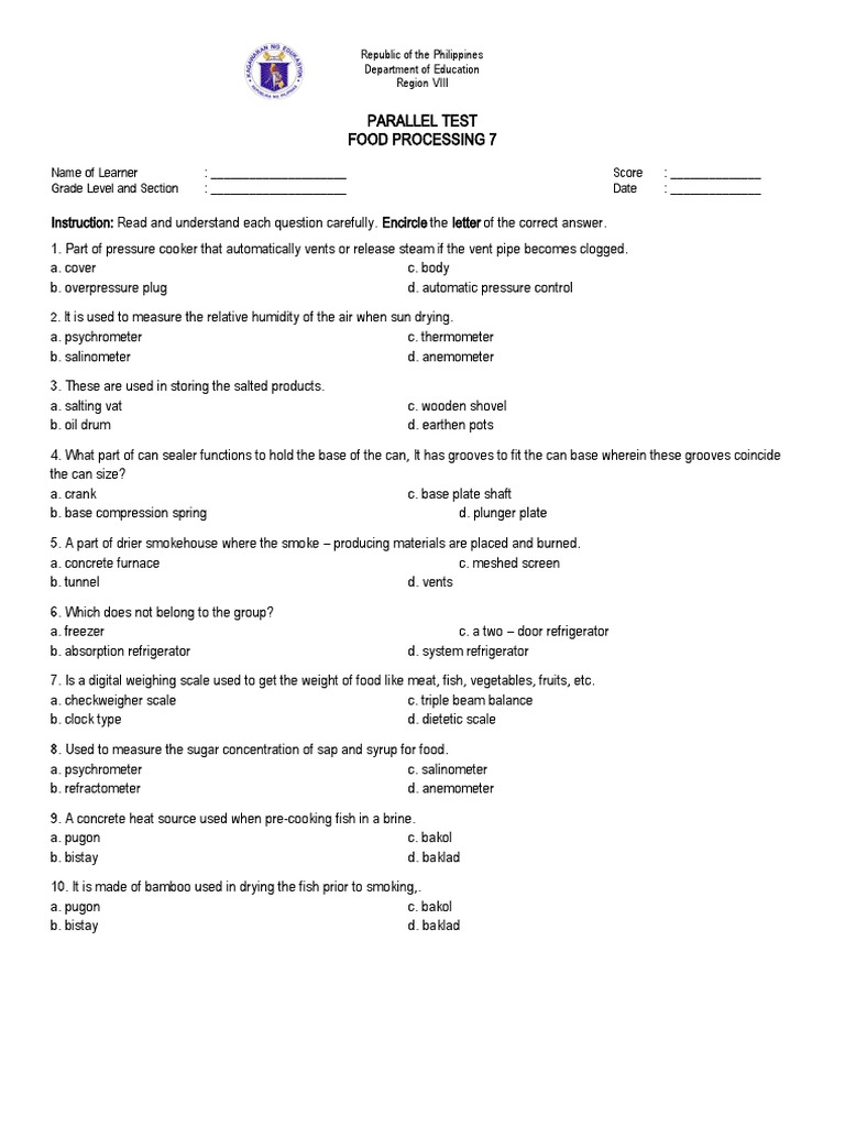 Grade 7 Food Processing Quiz | PDF | Refrigerator | Equipment