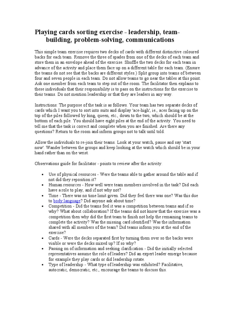 Team-Building Card Sorting Exercise | PDF | Leadership | Behavior ...