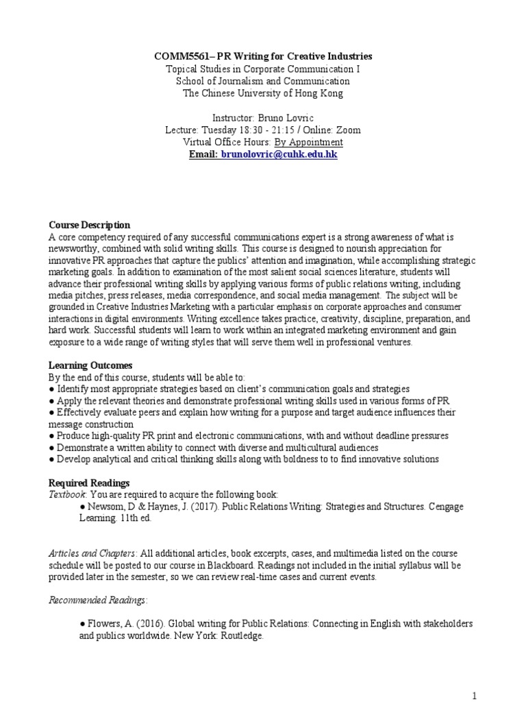 PR Writing for Creative Industries Course | PDF | Educational ...