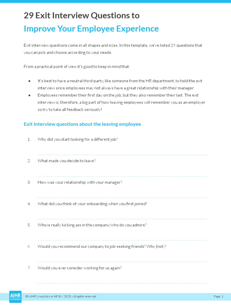 Improve Your Employee Experience: 29 Exit Interview Questions To | PDF ...