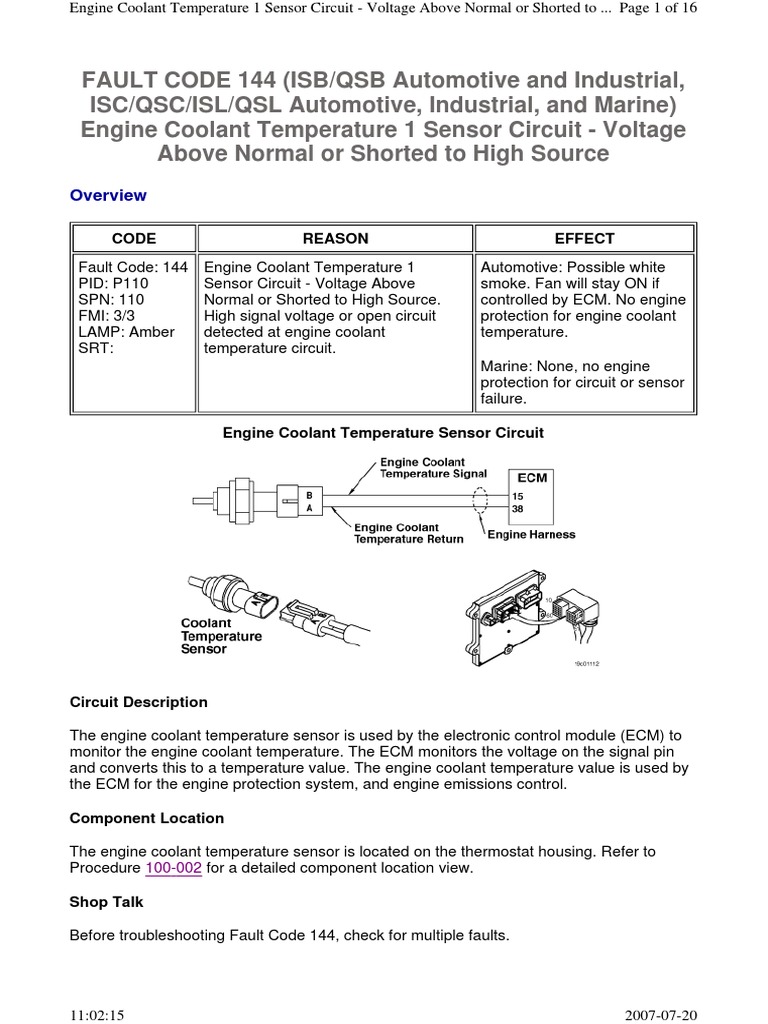 FAULT CODE 144 (ISB/QSB Automotive and Industrial, ISC/QSC/ISL/QSL
