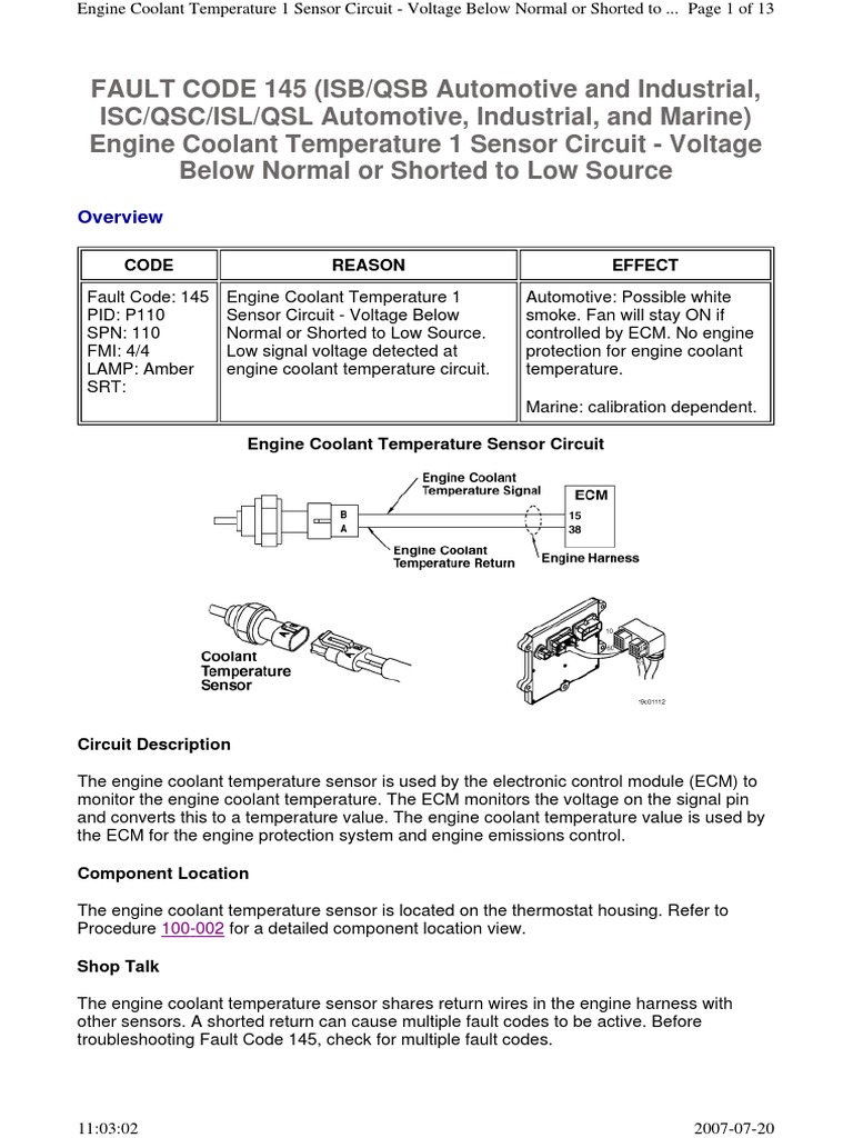 FAULT CODE 145 (ISB/QSB Automotive and Industrial, ISC/QSC/ISL/QSL