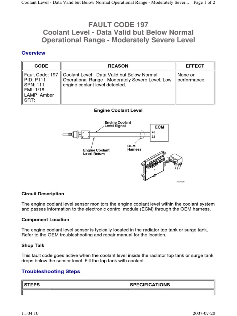 Fault Code 197 Coolant Level Data Valid But Below Normal Operational