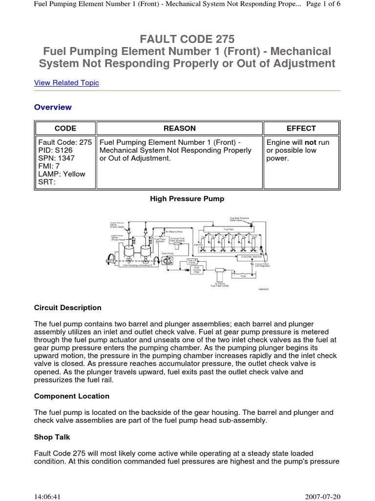 Fault Code 275 Fuel Pumping Element Number 1 (Front) Mechanical