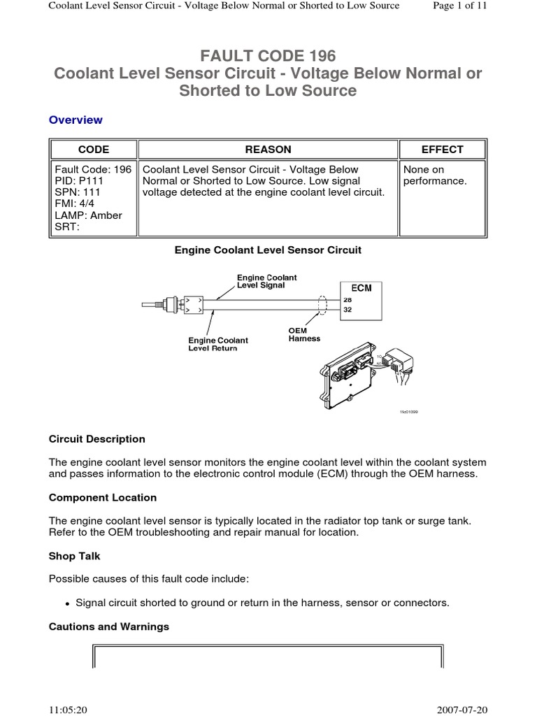 Fault Code 196 Coolant Level Sensor Circuit Voltage Below Normal or