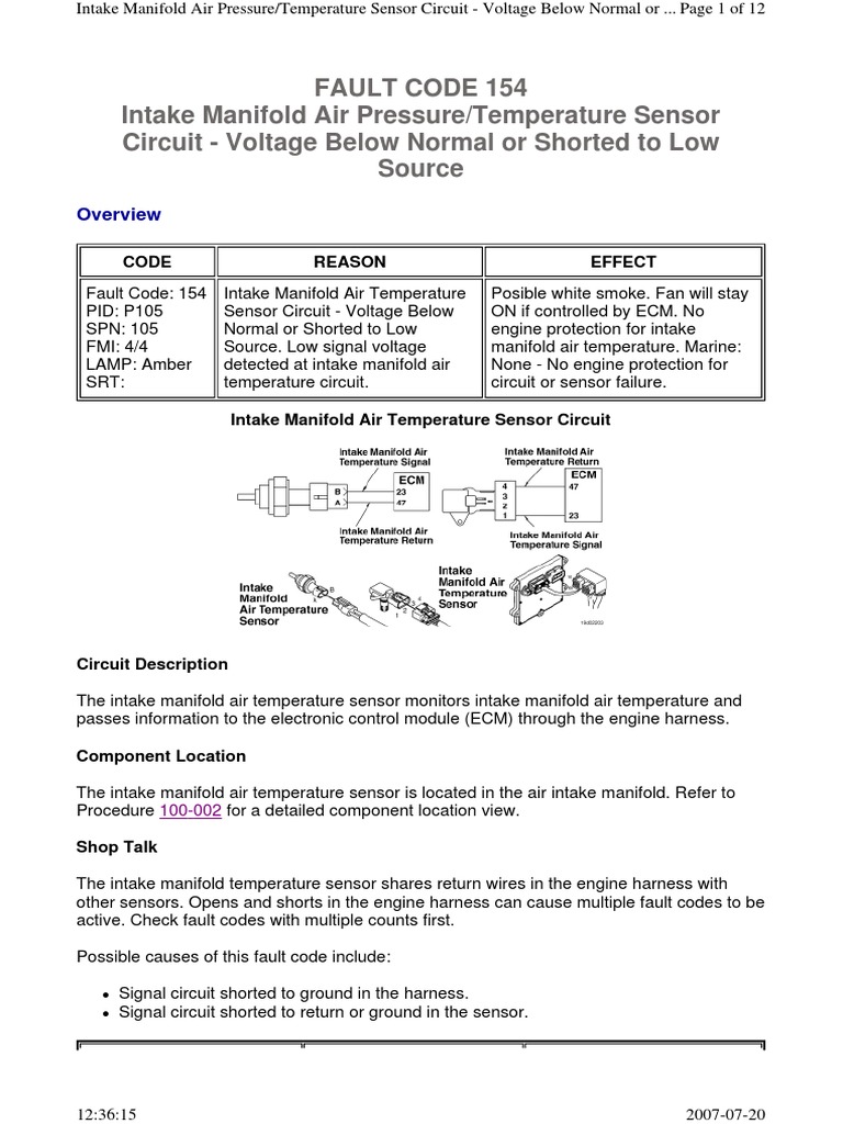 Fault Code 154 Intake Manifold Air Pressure/Temperature Sensor Circuit