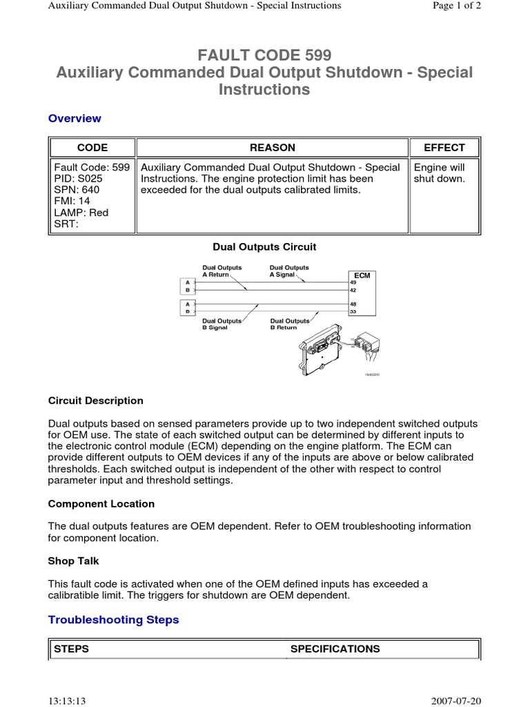 Fault Code 599 Auxiliary Commanded Dual Output Shutdown Special