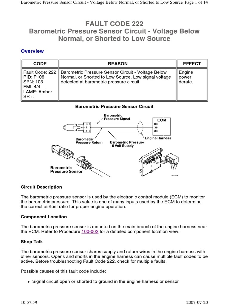 Fault Code 222 Barometric Pressure Sensor Circuit Voltage Below