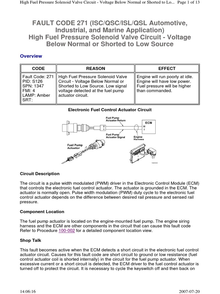 FAULT CODE 271 (ISC/QSC/ISL/QSL Automotive, Industrial, and Marine