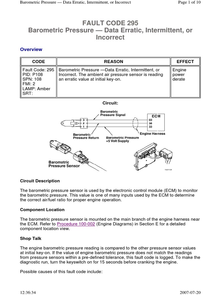 Fault Code 295 Barometric Pressure Data Erratic, Intermittent, or