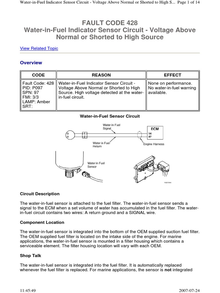 Fault Code 428 WaterinFuel Indicator Sensor Circuit Voltage Above