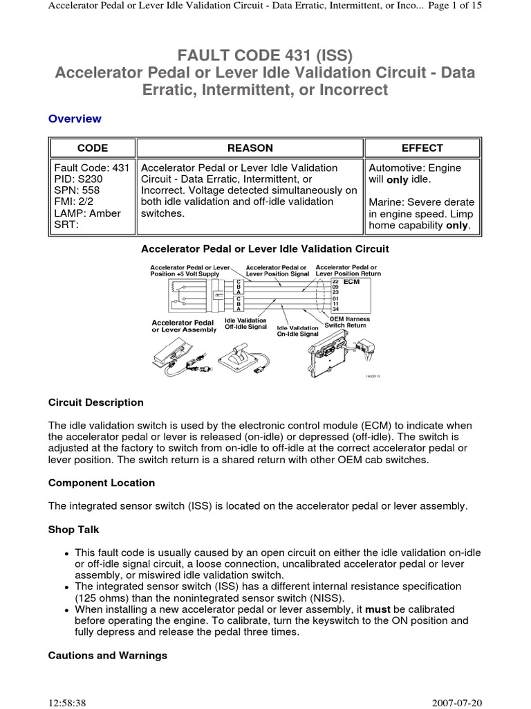 Fault Code 431 (Iss) Accelerator Pedal or Lever Idle Validation Circuit