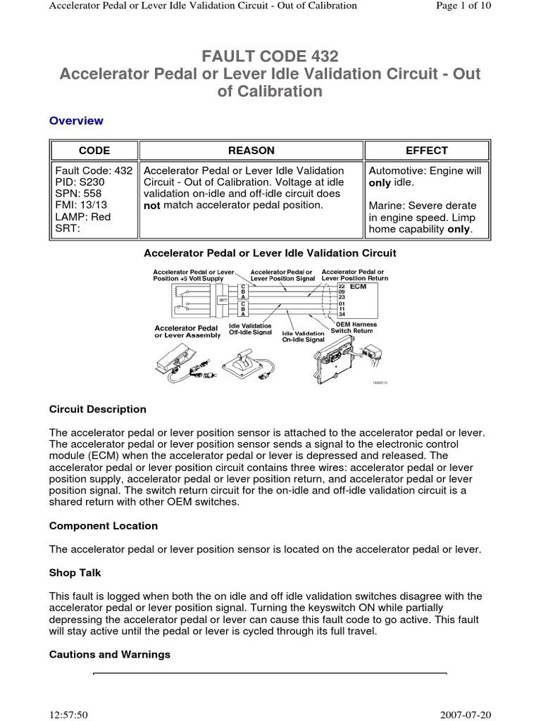 Fault Code 432 Accelerator Pedal or Lever Idle Validation Circuit Out