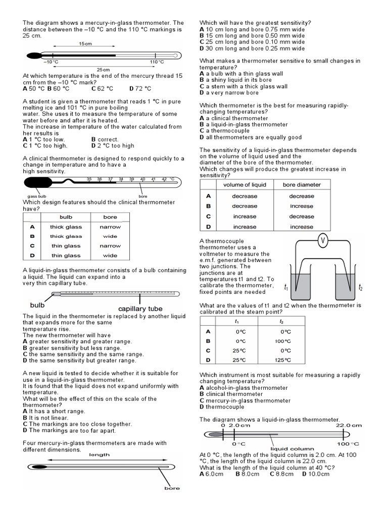 Thermometry MCqs Taken From Past Papers | PDF | Thermometer | Temperature