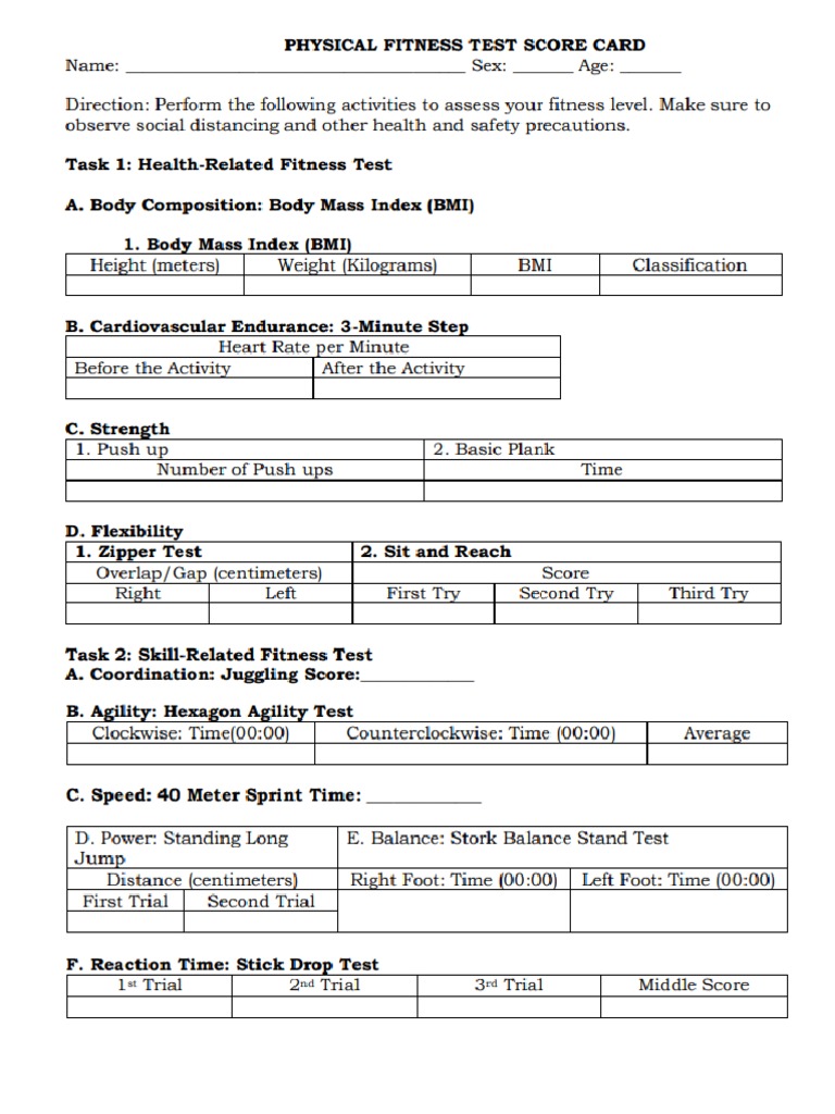 Physical Fitness Test Score Card 9 PDF