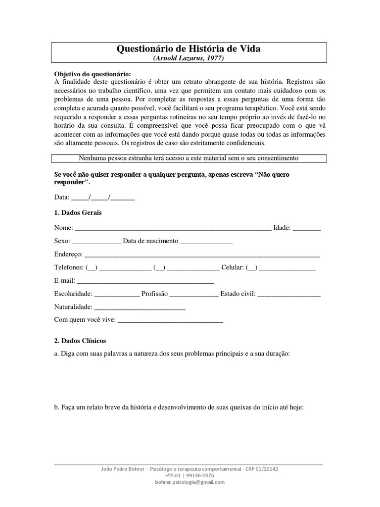 Questionário de História de Vida | PDF | Relação sexual | Casamento