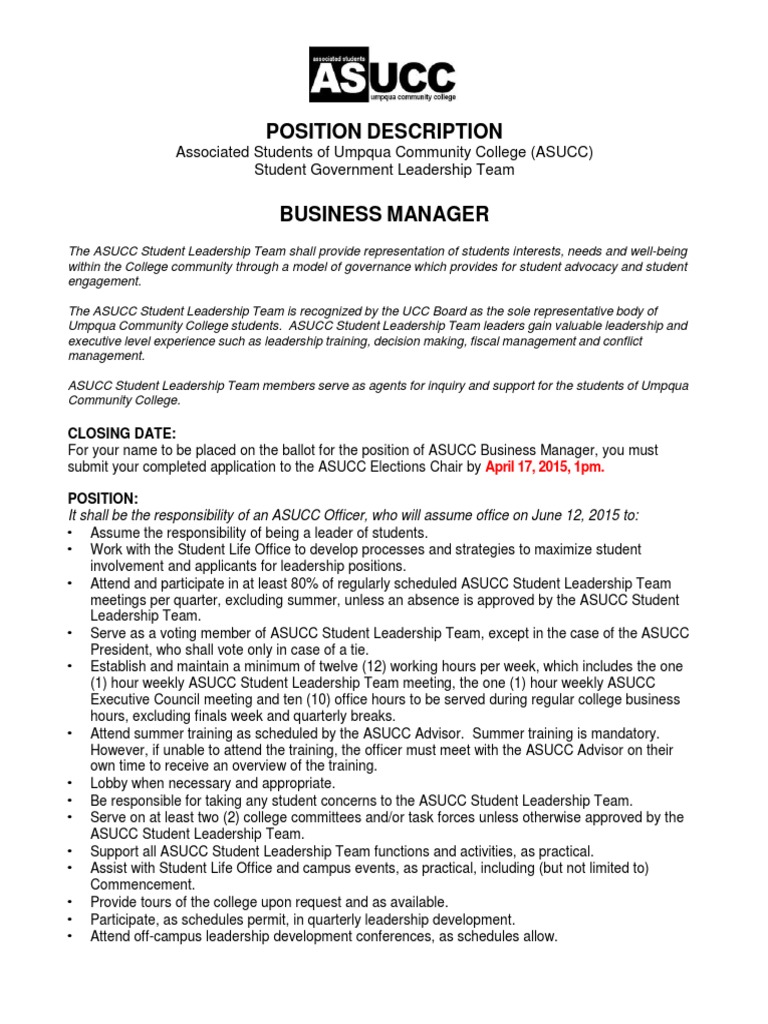 Position Description: Associated Students of Umpqua Community College  (ASUCC) Student Government Leadership Team | PDF | Committee | Defamation