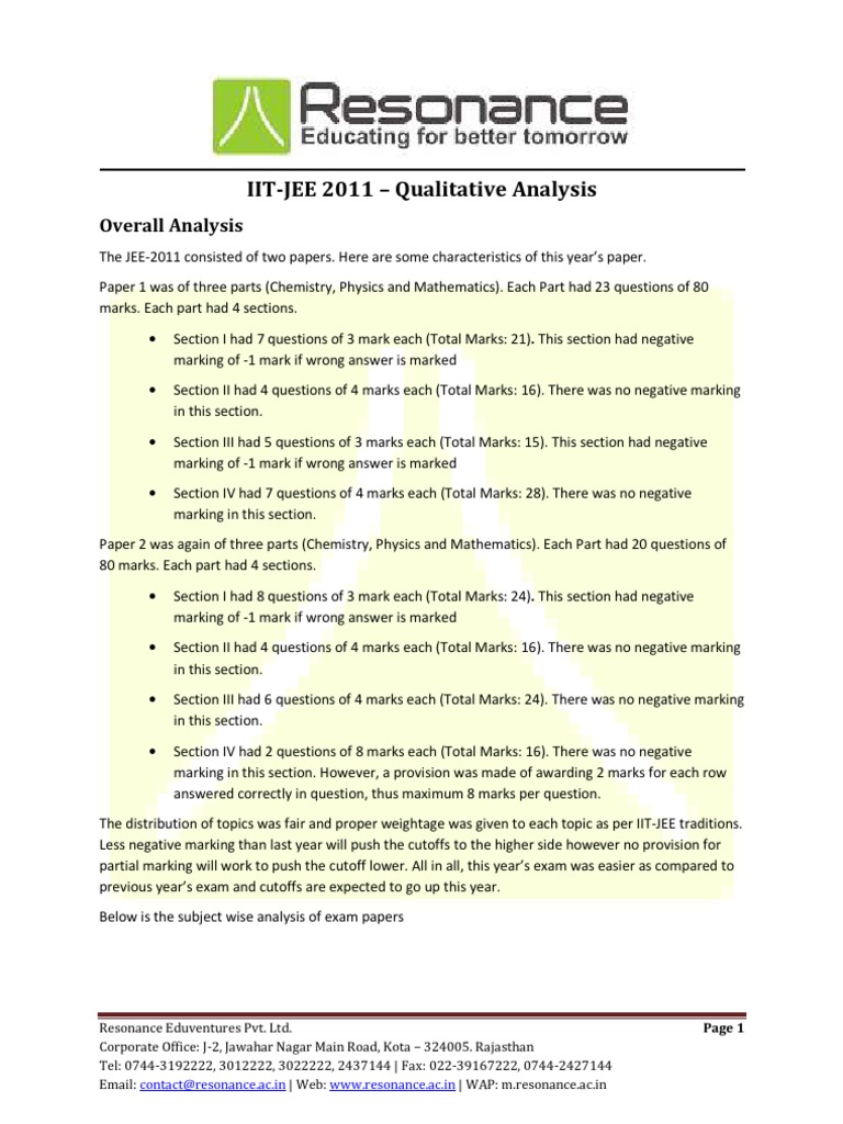 IITJEE 2011 Qualitative Analysis v2 Physical Sciences Science