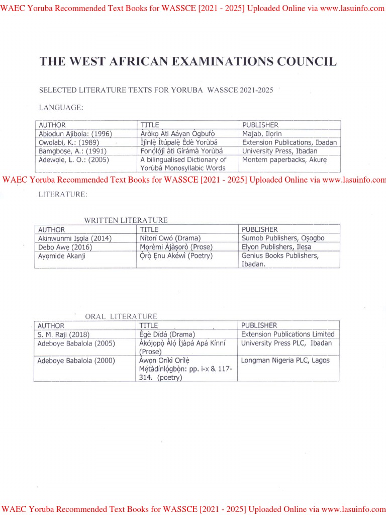 WAEC Releases Yoruba Textbooks for WASSCE Between 20212025
