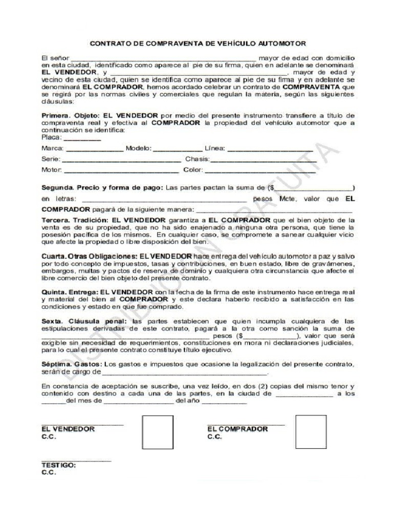 Contrato de Compra y Venta Vehiculo Automor | PDF