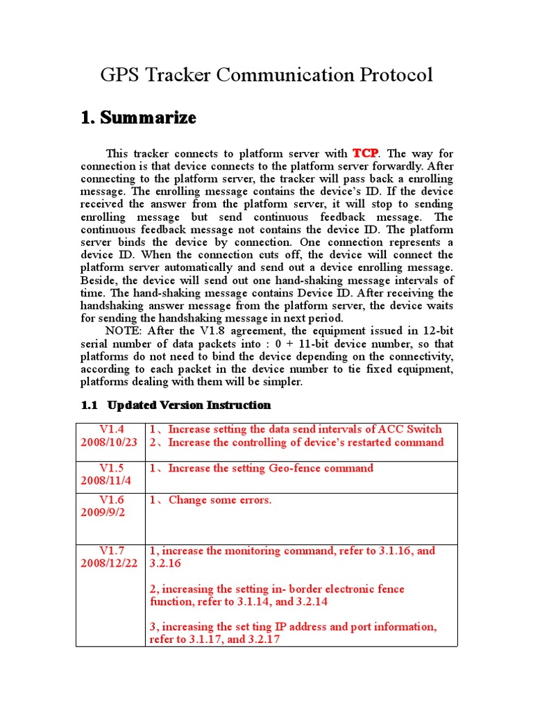 GPS Tracker Communication Protocol 1 1 1 1.... Summarize Summarize