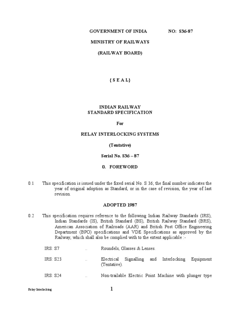33011576 IRS S 36 87 Relay Interlocking System | Relay | Electrical Wiring