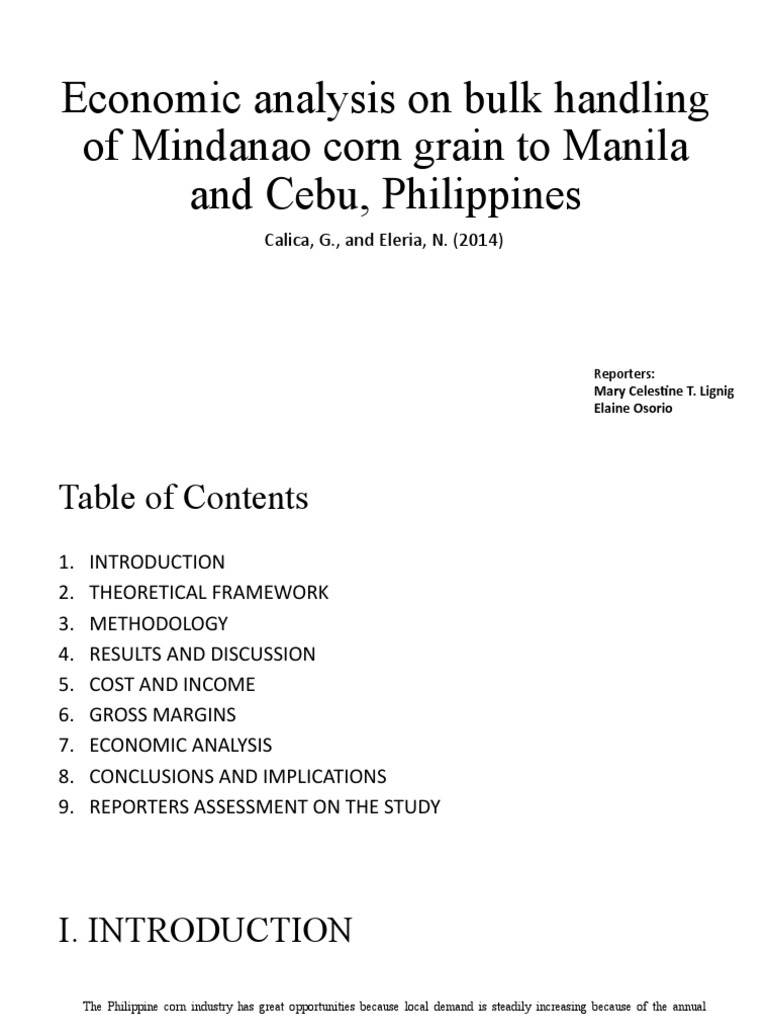 Economic Analysis On Bulk Handling of Mindanao Corn Grain To Manila and