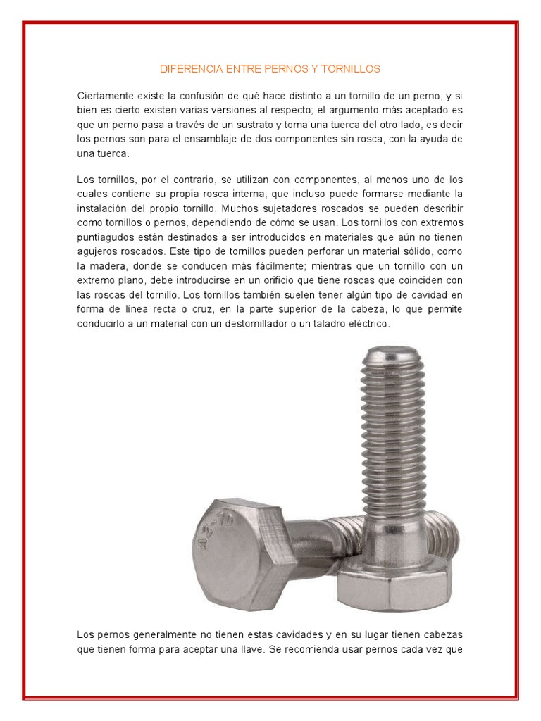 Diferencia Entre Pernos y Tornillos PDF