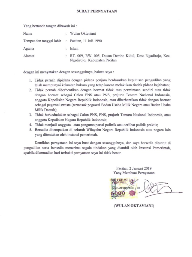 Surat Pernyataan Tidak Pernah Dipidana | PDF