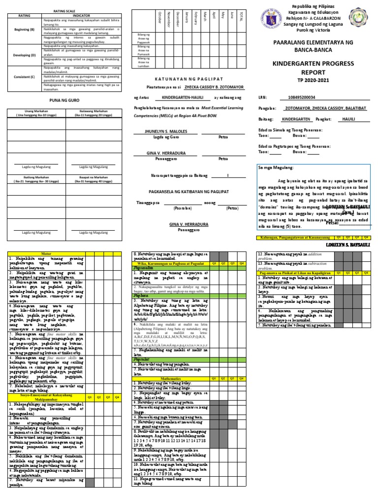 Kindergarten Progress Report Card Melconly 2020 2021 Mchmontana PDF