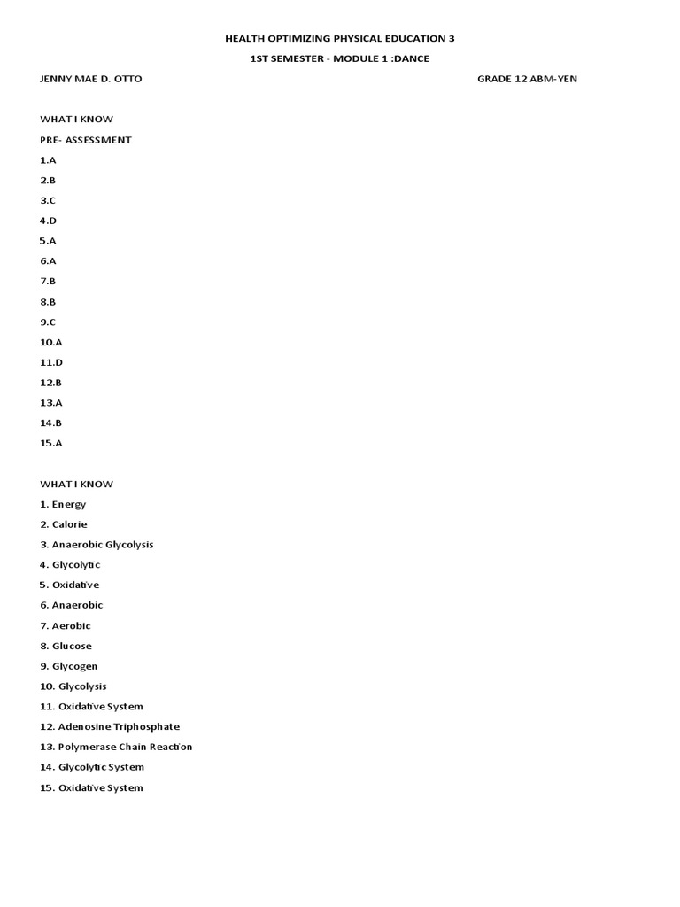 Grade 12 Health Optimizing PE Module 1 | PDF | Glycolysis | Dances