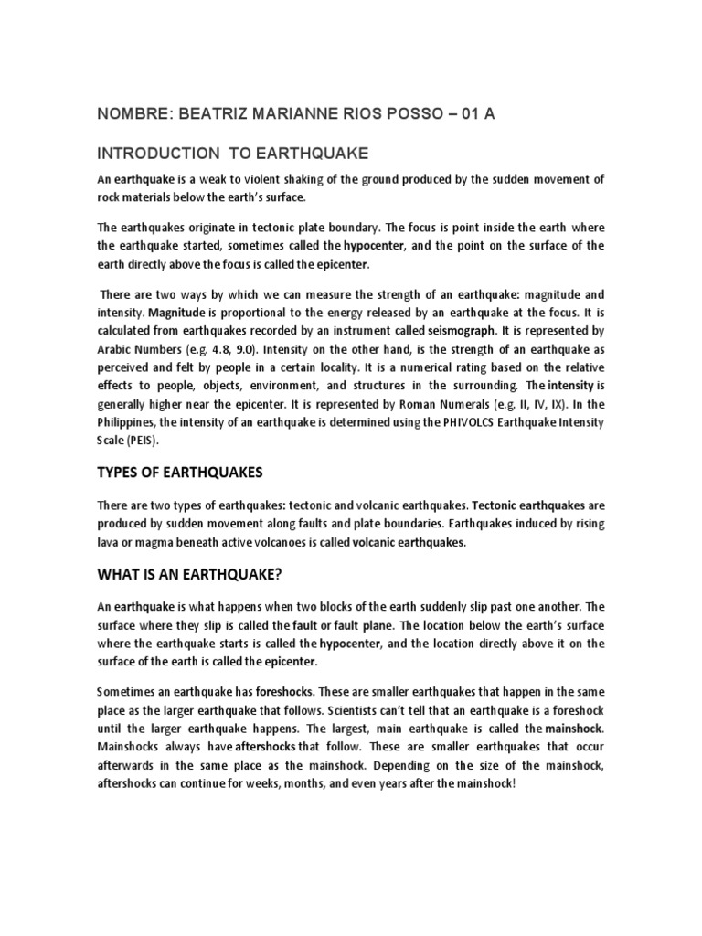 Introduction To Earthquake Rios Posso Beatriz 01a PDF Earthquakes