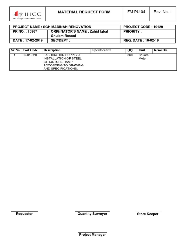 Material Request Form: SR - No. Cost Code Description Specification Qty ...