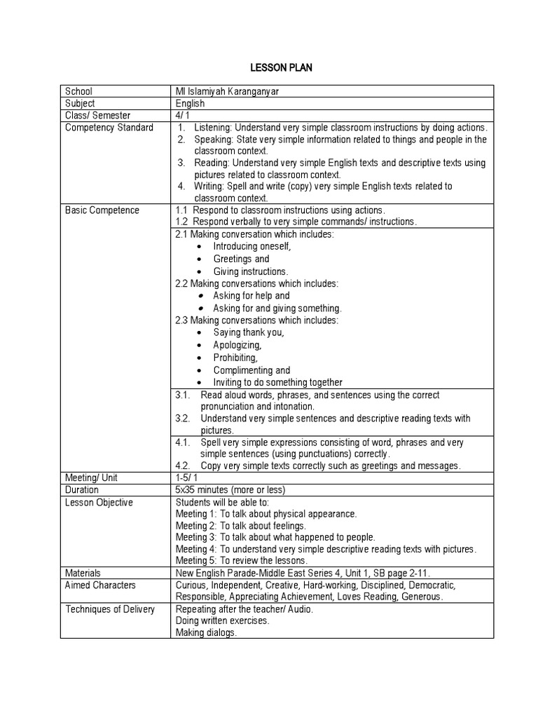 Lesson Plan SD Kelas 4 Unit 1 | PDF | Reading Comprehension | English Language