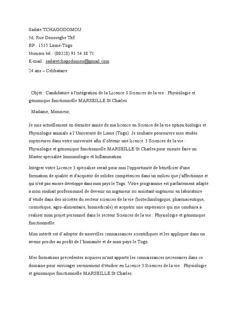 Candidature Licence 3 Sciences de la Vie | PDF