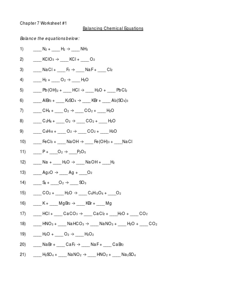 Balance The Equations Below:: Chapter 7 Worksheet #1 Balancing Chemical  Equations | PDF | Chlorine | Sodium Chloride