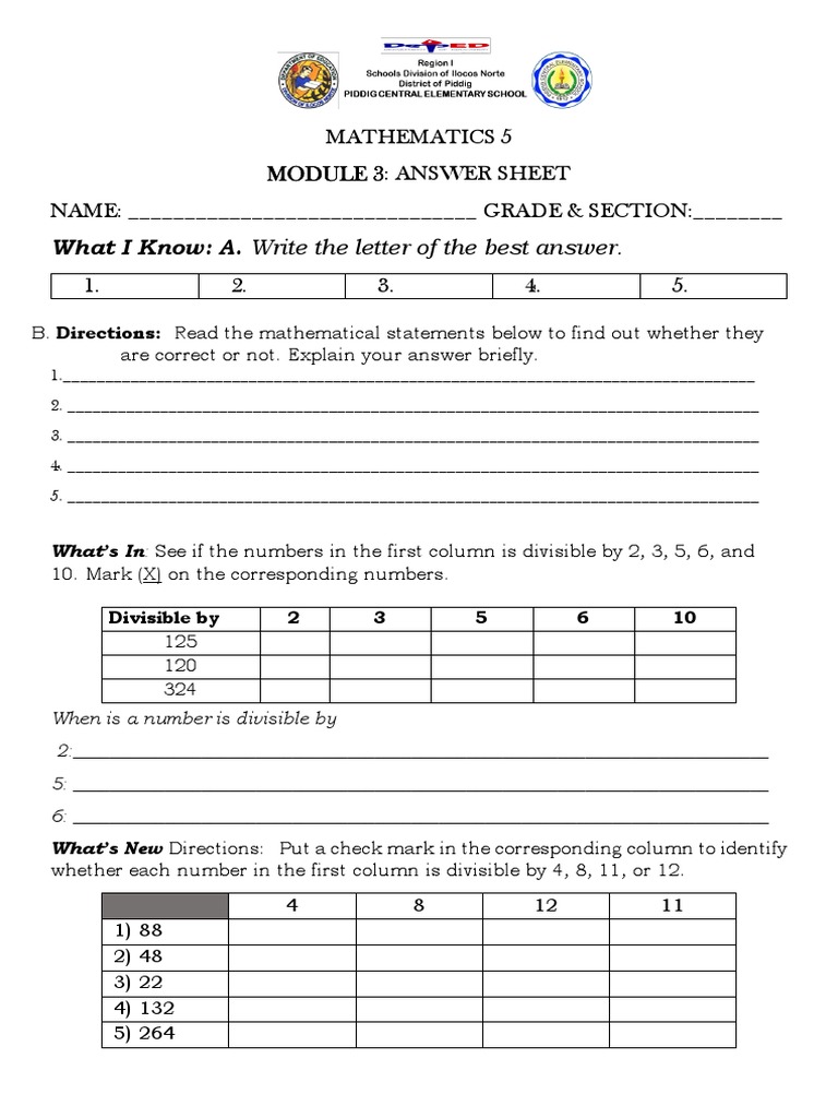 Mathematics 5 Module 3 Answer Sheet | PDF