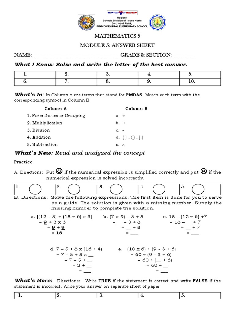 Mathematics 5 Module 5 Answers | PDF | Numbers | Mathematics